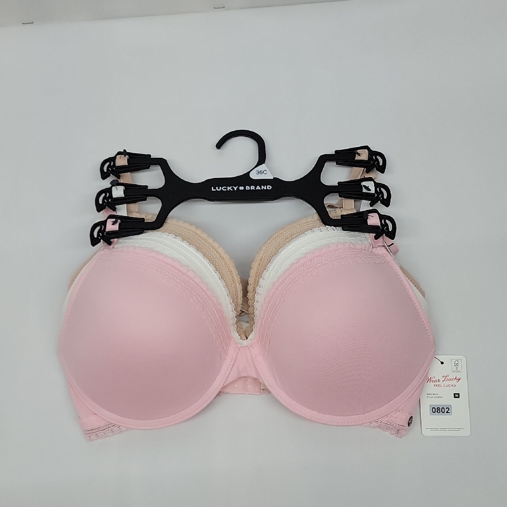 Lucky Brand Women's Intimates T-shirt Bra Set - Pink, White, Tan